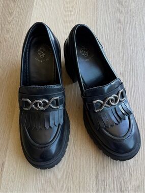 Secret Celebrity Women’s Black Faux Leather Slip-On Loafer Chain Fringe 9